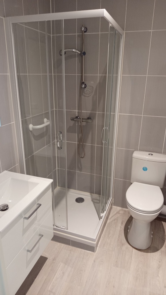 Rénovation complète d'une salle d'eau avec cabine de douche vitrée, meuble sous vasque blanc suspendu et WC par artisan plombier à Lyon